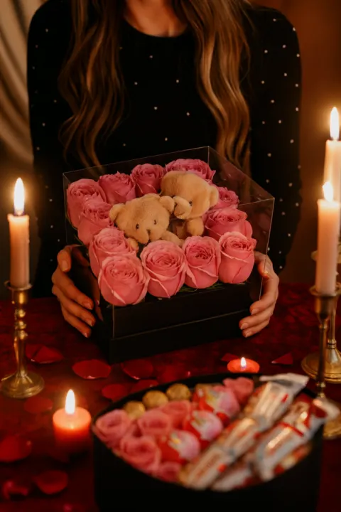 Asetat Kutuda Pembe Gül ve Ayıcık ile Zarif Romantik Hediye - Çiçek Sepeti - İstanbul çiçek siparişi