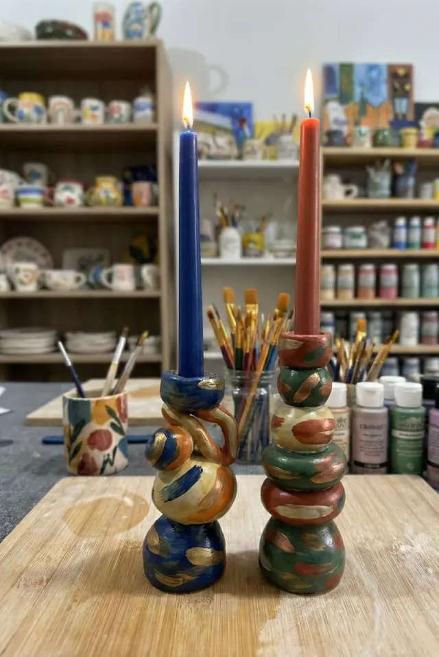 2'li Set Özel Tasarım Totem Seramik Mumluk - El Boyaması Dekoratif Şamdan - El Yapımı Hediye &amp...