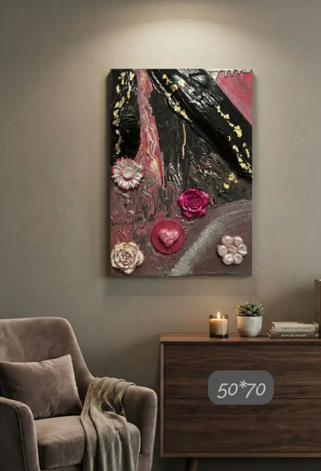 50x70 3D Dokulu Soyut Tablo Rölyef - Altın Varaklı Çiçekli Duvar Sanatı - Seramik ve Soğuk Porsel...