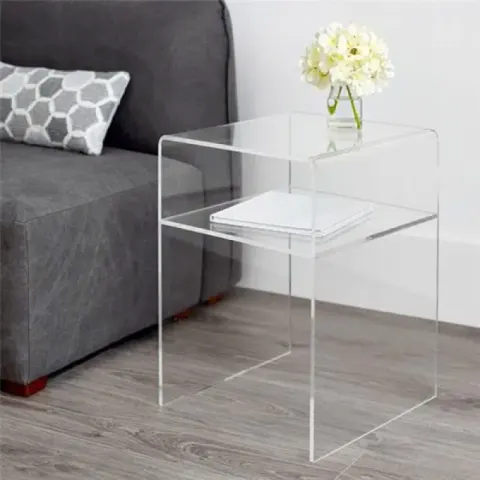 Modern Şeffaf Akrilik Raflı Yan Sehpa - Pleksi Komodin ve Dekoratif Zigon - Seramik ve Soğuk Pors...