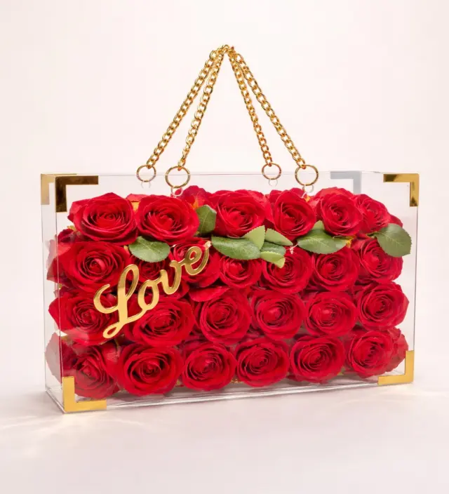 Kubrose Akrilik Çantada Lüks Kırmızı Gül Tasarımı | En Şık Hediye - Bloombag Şeffaf Çiçek ve Hedi...