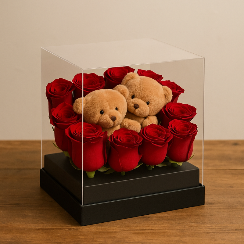 Asetat Kutuda Kırmızı Gül ve Ayıcık ile Romantik Hediye Seçimi