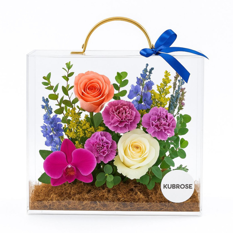 Kişiye Özel Çantalı Çiçek Aranjmanı – Fotoğraflı Akrilik Kutuda Premium Hediye | Romantik & Zarif Çiçek Tasarımı