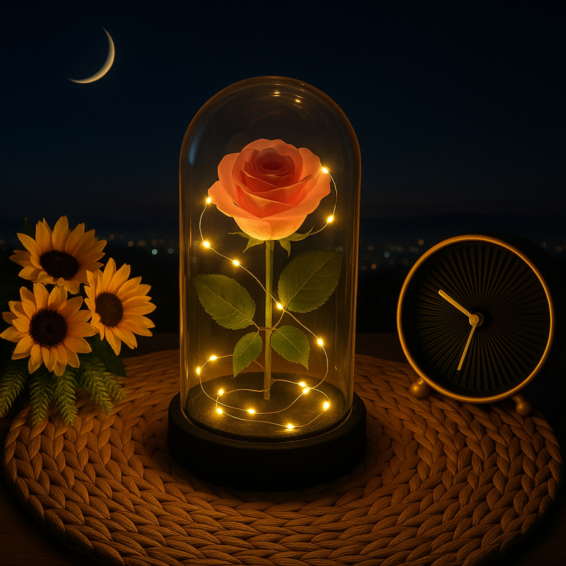 LED Işıklı Cam Fanus İçinde Gül – Romantik Masal Hediye