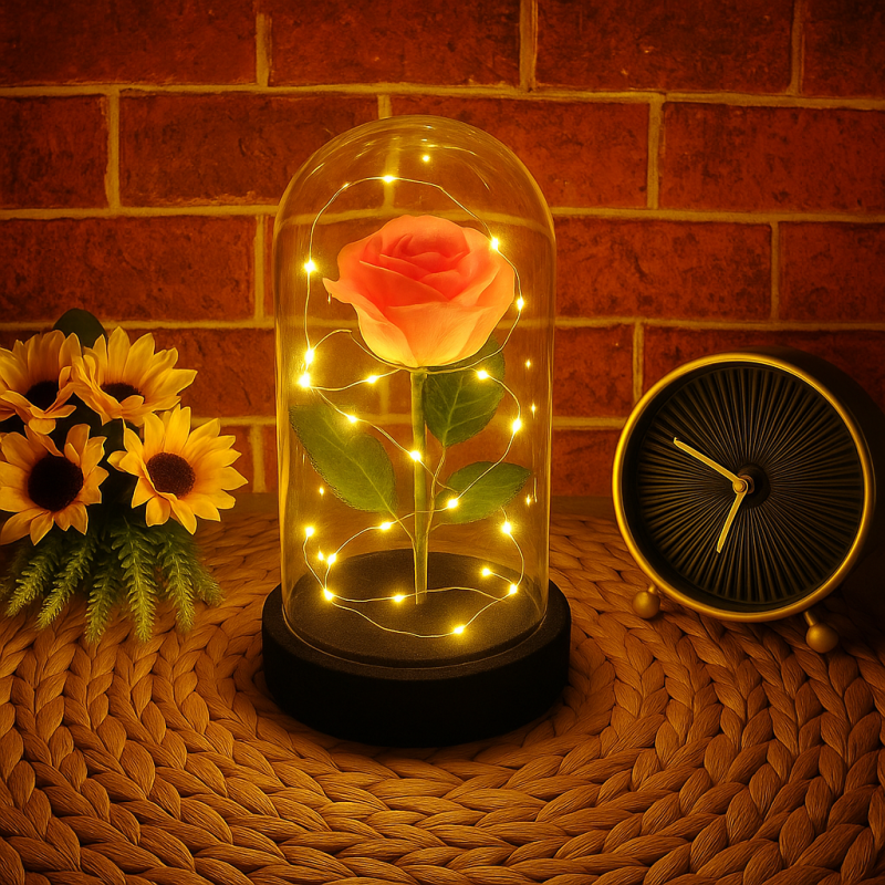 LED Işıklı Cam Fanus İçinde Gül – Romantik Masal Hediye