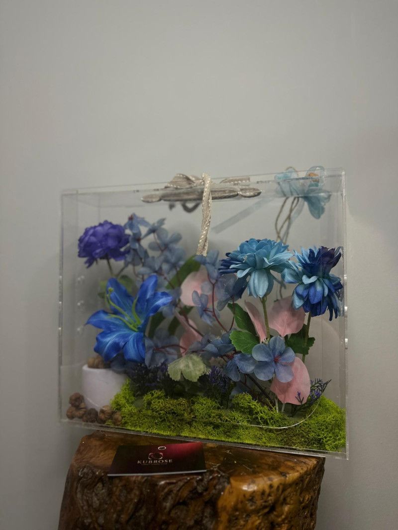 Bloombag Pleksi Çanta Kutuda Mavi Çiçek Aranjmanı | Dekoratif Hediye