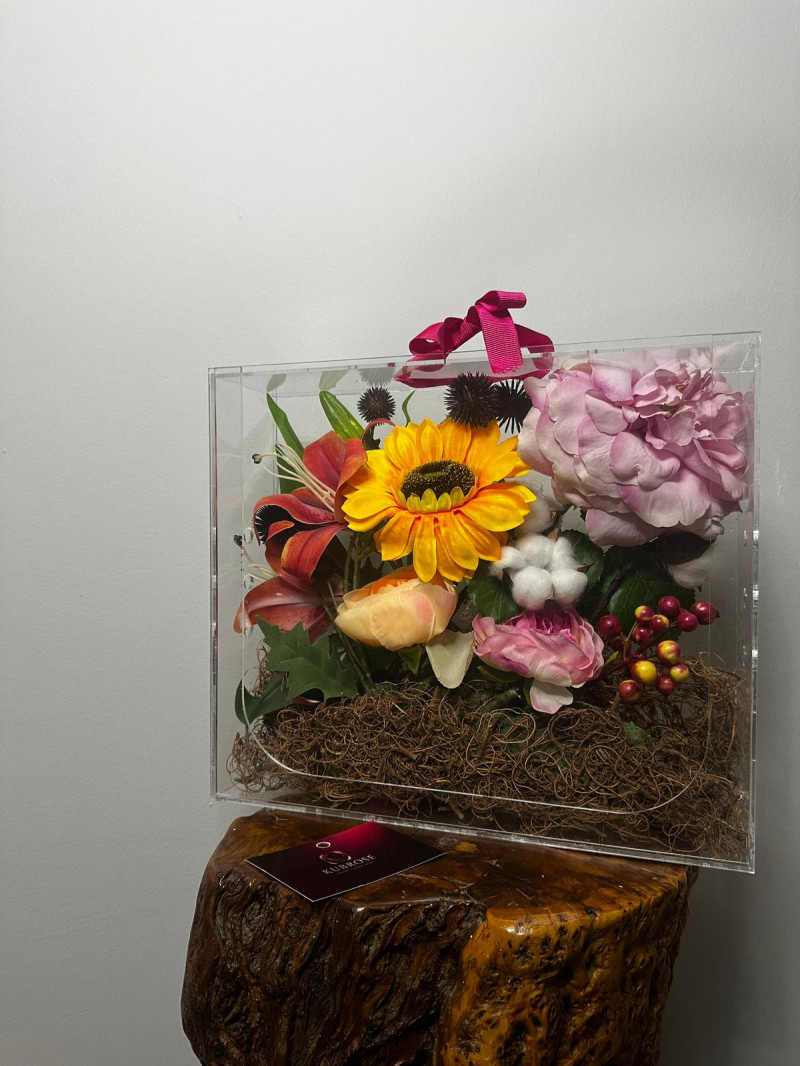 Pleksi Kutuda Yapay Çiçek Aranjmanı | Günebakan & Pembe Gül Dekoratif Hediye