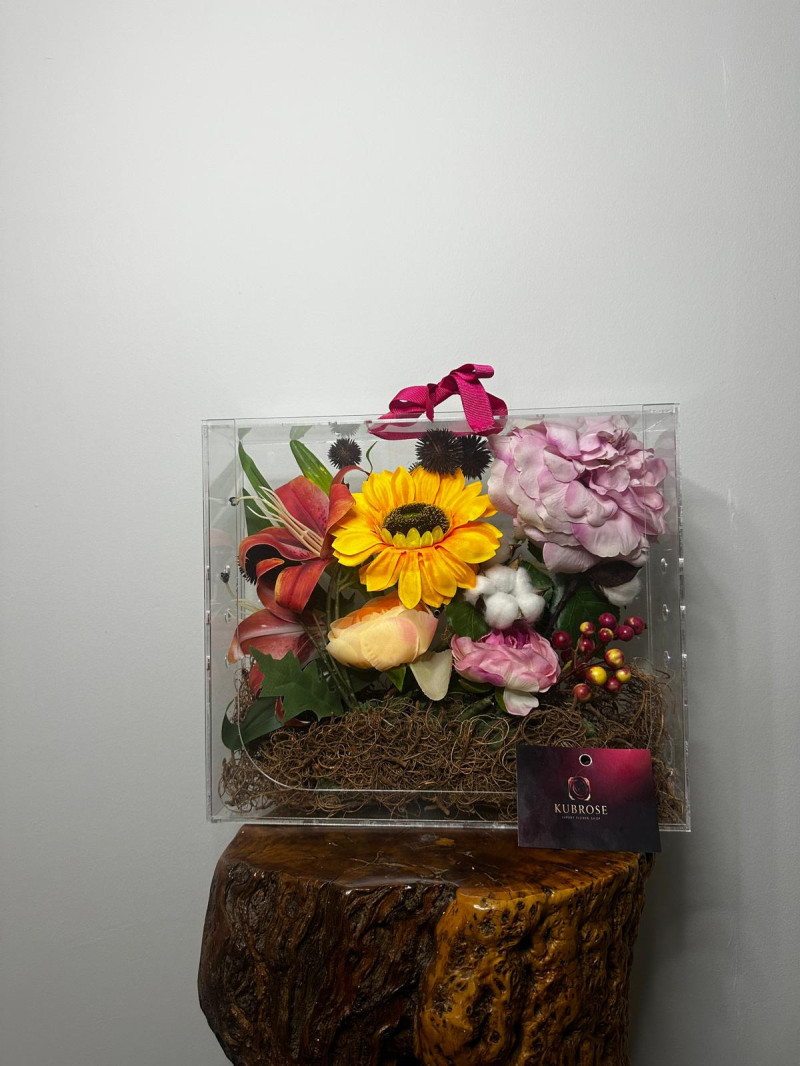 Pleksi Kutuda Yapay Çiçek Aranjmanı | Günebakan & Pembe Gül Dekoratif Hediye