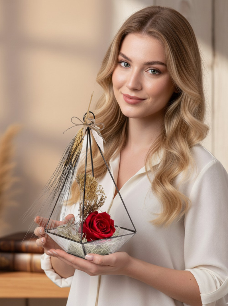 Kırmızı Solmayan Gül Cam Teraryum – Kalıcı Aşkın Zarif Simgesi