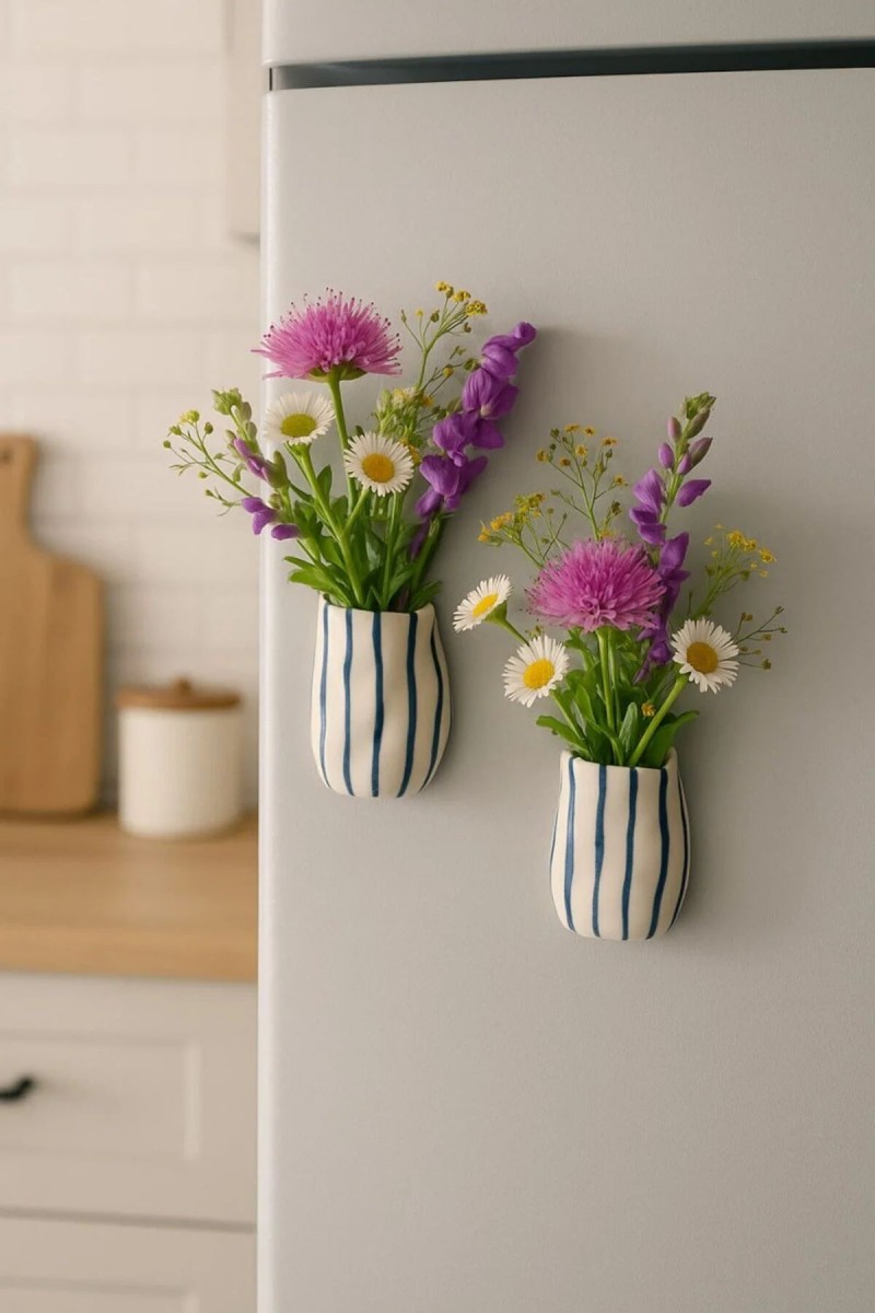 Mıknatıslı Seramik Mini Vazo Seti – Buzdolabı Çiçek Dekoru