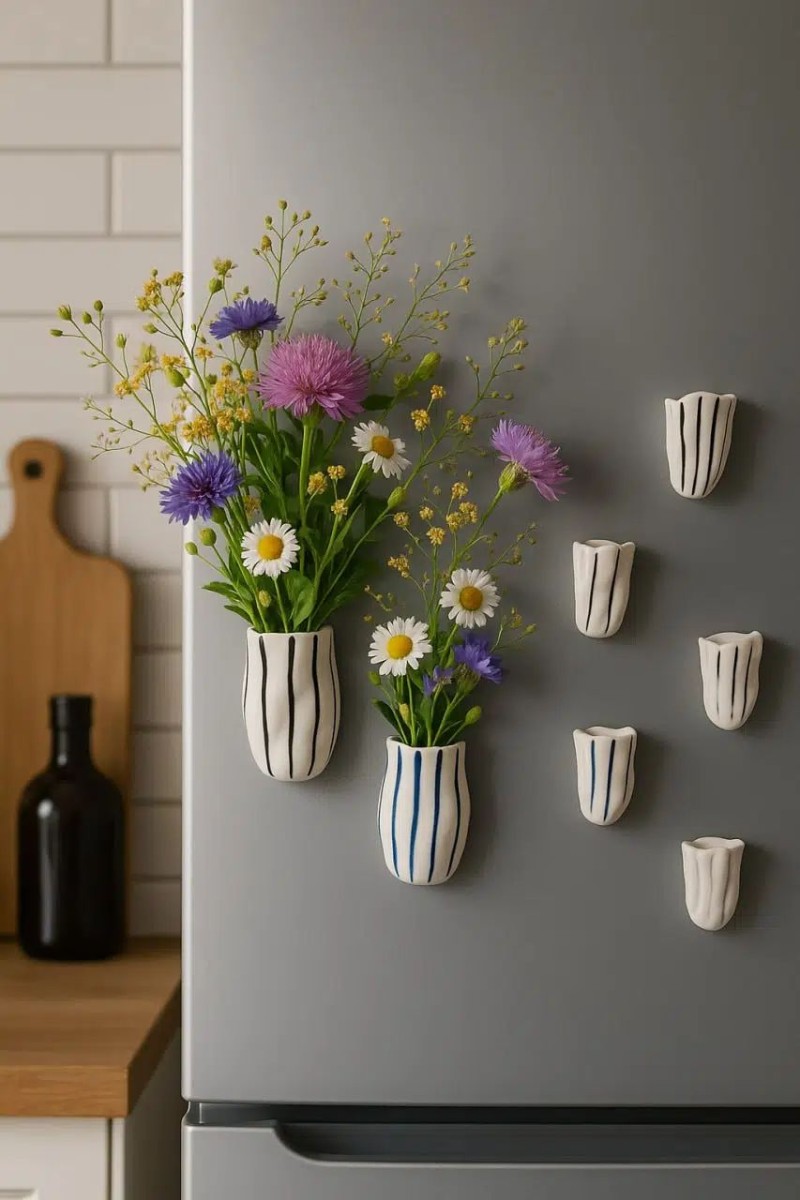 Mıknatıslı Seramik Mini Vazo Seti – Buzdolabı Çiçek Dekoru