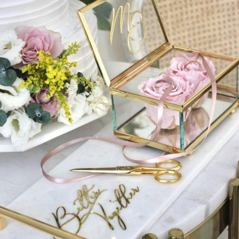 İsimli Şeffaf Pleksi Nişan Tepsisi ve Damat Kahvesi Seti - Gold Romantik - Düğün & Nikah - İs...