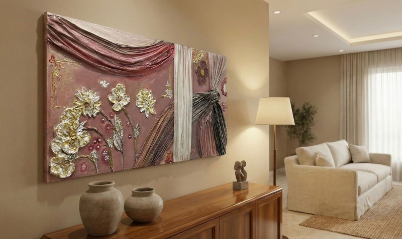 Modern 3D Kabartmalı Çiçekli Duvar Tablosu - El Yapımı Lüks Dekor - Seramik ve Soğuk Porselen Ürü...