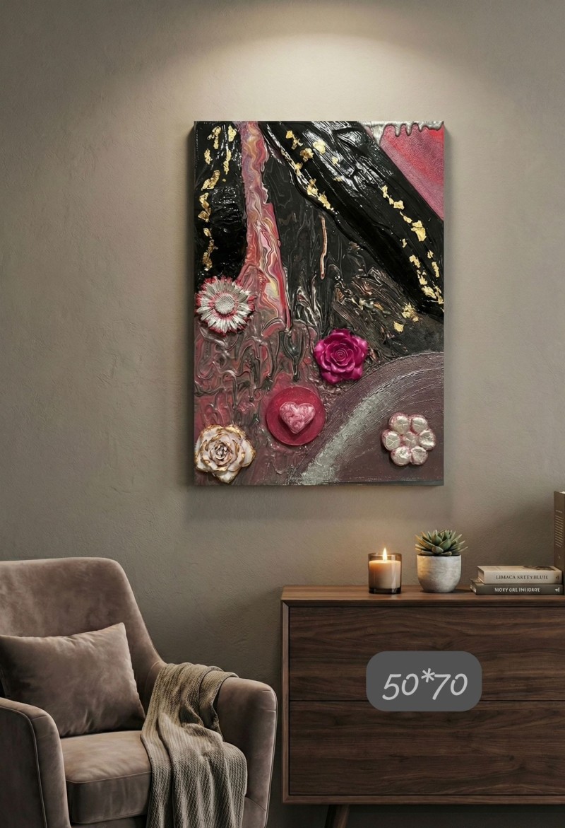 50x70 3D Dokulu Soyut Tablo Rölyef - Altın Varaklı Çiçekli Duvar Sanatı - El Yapımı Hediye &...