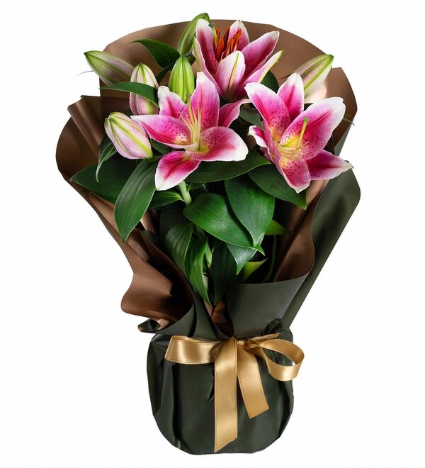 Sedefli Buket Kağıtlı Pembe Lilyum - Çiçek Sepeti - İstanbul çiçek siparişi