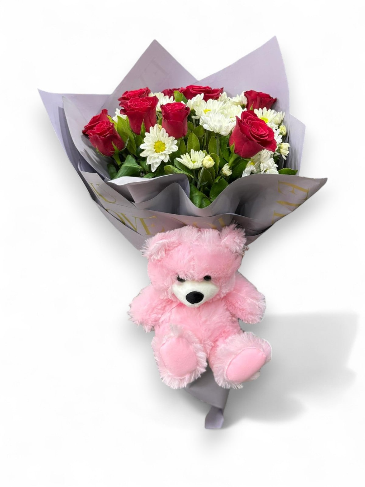 Aşkın Simgesi Papatya Gül Buketi ve Pembe Peluş - Premium Çiçekler - İstanbul çiçek siparişi